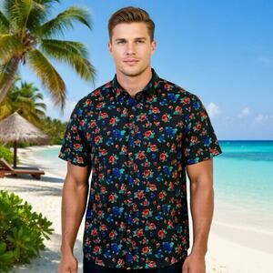 New Y2K Structure SlimFit Men XXL Cotton ButtonUp Shirt ShortSleeve Black Floral